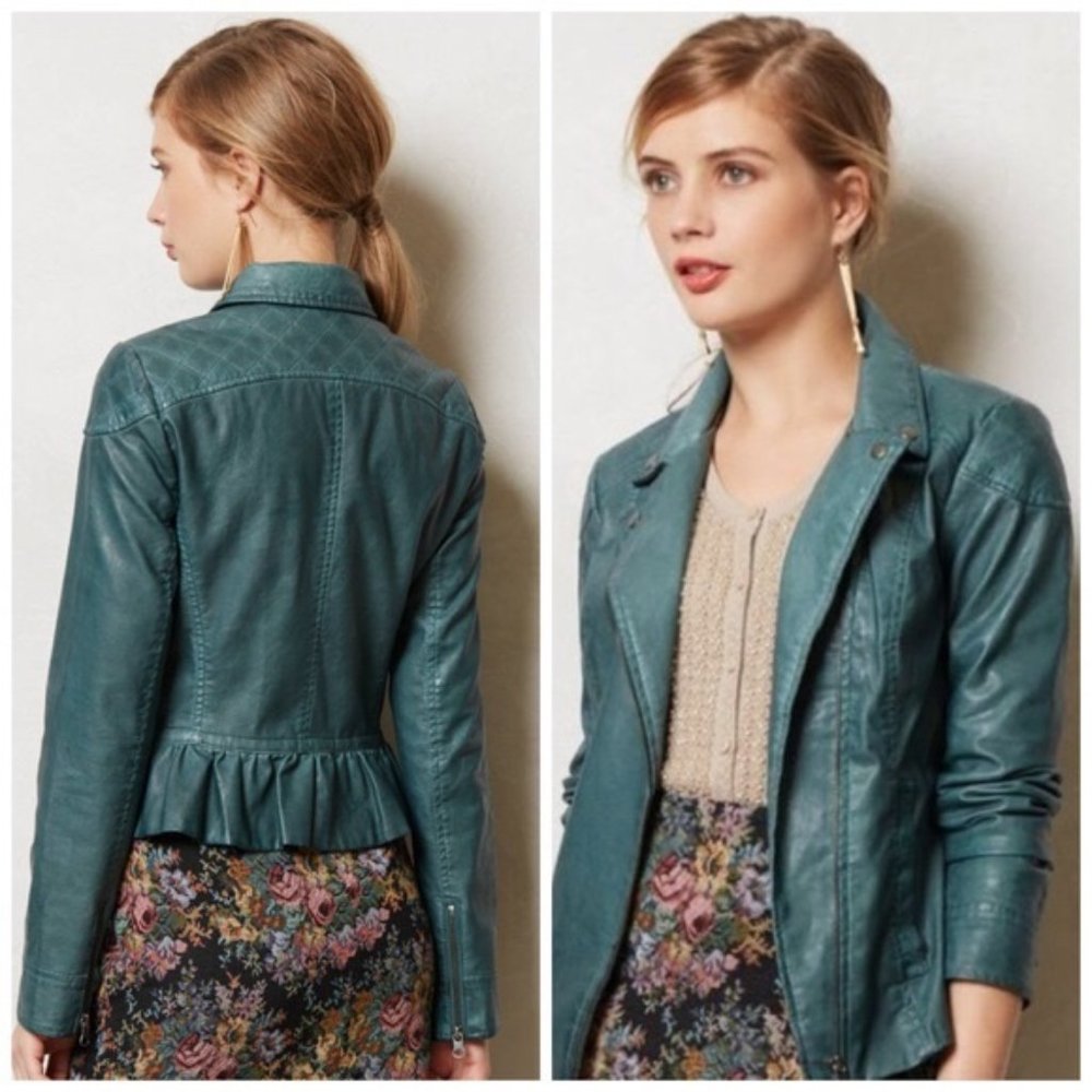 Anthropologie Cartonnier Green Vegan Leather Ruffle Moto Jacket